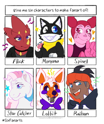 Size: 1280x1529 | Tagged: safe, artist:trashfeline, star catcher, cat, chameleon, fox, gem (race), human, pony, robot, unicorn, anthro, g3, spoiler:steven universe: the movie, :d, ambiguous gender, animal crossing, animatronic, anthro with ponies, bowtie, crossover, dark skin, female, five nights at freddy's, flick, gem, grin, horn, lolbit, makeup, male, one eye closed, open mouth, peace sign, pokémon, raihan, running makeup, six fanarts, smiling, spinel, spinel (steven universe), spoilers for another series, steven universe, steven universe: the movie, wink