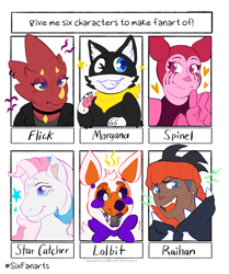 Size: 1280x1529 | Tagged: safe, artist:trashfeline, star catcher, cat, chameleon, fox, gem (race), human, pony, robot, unicorn, anthro, g3, :d, ambiguous gender, animal crossing, animatronic, anthro with ponies, bowtie, crossover, dark skin, female, five nights at freddy's, flick, gem, grin, horn, lolbit, makeup, male, one eye closed, open mouth, peace sign, pokémon, raihan, running makeup, six fanarts, smiling, spinel, spinel (steven universe), spoilers for another series, steven universe, steven universe: the movie, wink