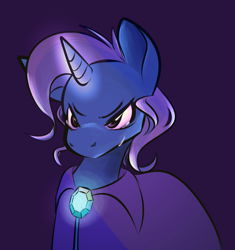 Size: 1008x1073 | Tagged: safe, artist:d1zzydog, artist:dizeedog, trixie, pony, unicorn, g4, 2021, brooch, cape, clothes, crying, female, frown, glowing, glowing horn, horn, jewelry, magic, magic aura, mare, purple background, simple background, solo, trixie's brooch, trixie's cape, upset
