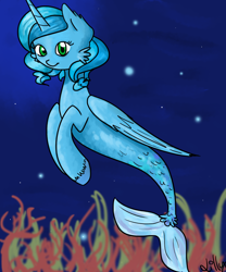Size: 1000x1200 | Tagged: safe, artist:papercoconut, oc, oc only, alicorn, pony, seapony (g4), blue eyes, blue mane, bubble, coral, crepuscular rays, fish tail, flowing tail, folded wings, horn, ocean, seaponified, seaweed, signature, smiling, solo, species swap, tail, underwater, water, wings