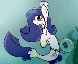 Size: 852x706 | Tagged: safe, artist:anonymoussbat, oc, oc only, merpony, pony, seapony (g4), unicorn, blue background, blue mane, bubble, crepuscular rays, female, fish tail, flowing mane, flowing tail, horn, mp3 player, ocean, pink eyes, ribbon, seaponified, seaweed, simple background, solo, species swap, sunlight, swimming, tail, underwater, water