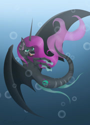 Size: 2079x2883 | Tagged: safe, artist:endilia17, oc, oc only, alicorn, bat pony, hybrid, merpony, pony, seapony (g4), bat wings, bubble, crepuscular rays, dorsal fin, fangs, fins, fish tail, flowing mane, flowing tail, green eyes, high res, horn, ocean, open mouth, purple mane, seaponified, signature, smiling, solo, species swap, sunlight, swimming, tail, teeth, underwater, water, wings