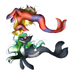 Size: 1783x1761 | Tagged: safe, artist:cosmoticlink, oc, oc only, hybrid, merpony, orca, orca pony, original species, seapony (g4), blue eyes, commission, dorsal fin, eyelashes, female, fish tail, flowing mane, flowing tail, green mane, looking at each other, purple eyes, seashell, simple background, smiling, swimming, tail, teeth, transparent background, yellow mane