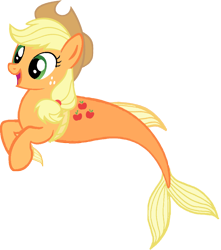 Size: 952x1079 | Tagged: safe, artist:saphirabjarskular, applejack, earth pony, merpony, pony, g4, applejack's hat, cowboy hat, dorsal fin, female, fins, fish tail, flowing tail, green eyes, hat, open mouth, open smile, seaponified, seapony applejack, simple background, smiling, solo, species swap, tail, transparent background, yellow mane