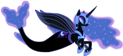 Size: 1735x789 | Tagged: safe, artist:saphirabjarskular, nightmare moon, alicorn, merpony, pony, g4, blue eyes, blue mane, colored pupils, dorsal fin, ethereal mane, eyelashes, female, fin wings, fins, fish tail, flowing mane, flowing tail, helmet, hoof shoes, horn, seaponified, simple background, solo, sparkles, species swap, starry mane, tail, transparent background, wings