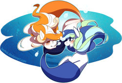 Size: 1240x846 | Tagged: safe, artist:keekoi, oc, oc only, merpony, seapony (g4), blushing, bubble, crepuscular rays, eyelashes, eyes closed, female, fish tail, flowing mane, heart bubbles, looking at each other, mermaid tail, ocean, open mouth, shipping, simple background, smiling, sunlight, swimming, tail, transparent background, underwater, water