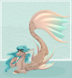 Size: 887x966 | Tagged: safe, artist:cyanreef, oc, oc only, hybrid, merpony, seapony (g4), blue mane, brown eyes, dorsal fin, eyelashes, fish tail, flowing mane, flowing tail, green background, grin, lying down, simple background, smiling, solo, tail