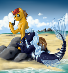 Size: 2160x2304 | Tagged: safe, artist:blargasaurus-rex, oc, oc only, earth pony, merpony, pony, seapony (g4), beach, blue eyes, blue mane, brown mane, cloud, dorsal fin, female, fish tail, flowing tail, high res, looking at each other, lying down, male, ocean, open mouth, orange eyes, pipe, rock, sand, sitting, sky, smiling, sparkles, stallion, tail, water