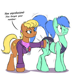 Size: 4096x4096 | Tagged: safe, artist:naivintage, ms. harshwhinny, oc, oc:spearmint, earth pony, pony, g4, blushing, butt smack, butt touch, clothes, crossdressing, female, femboy, hoof on butt, male, mare, midriff, olympics, raised tail, sports bra, sports outfit, sports panties, stallion, tail, track and field, trap