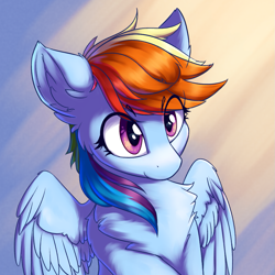 Size: 1123x1123 | Tagged: safe, artist:ravistdash, rainbow dash, pegasus, pony, g4, arm fluff, avatar, chest fluff, cute, dashabetes, ear fluff, eye clipping through hair, eyebrows, eyebrows visible through hair, female, fluffy, happy, looking at you, mare, simple background, sitting, smiling, smiling at you, solo, spread wings, wings