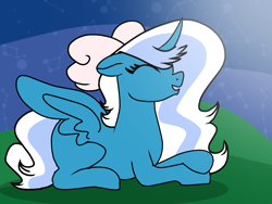 Size: 2048x1536 | Tagged: safe, artist:doodle-dazzle, oc, oc:fleurbelle, alicorn, pony, alicorn oc, bow, eyes closed, female, hair bow, horn, lying down, mare, night, wings