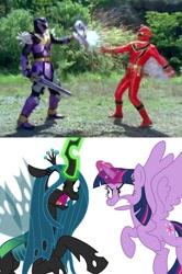 Size: 806x1217 | Tagged: safe, edit, queen chrysalis, twilight sparkle, alicorn, changeling, changeling queen, pony, g4, female, koragg, magiranger, magired, mahou sentai magiranger, male, mystic force, photo, power rangers, power rangers mystic force, red ranger, super sentai, twilight sparkle (alicorn), wolzard
