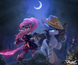 Size: 2400x2000 | Tagged: safe, artist:coldrivez, oc, oc only, oc:alexander 'crow' kingston, oc:rosa cavalier, earth pony, pony, vampire, vampony, cigarette, clothes, duo, female, gun, handgun, hat, high res, male, mare, moon, night, revolver, smoking, spread wings, stallion, standing, sword, weapon, wings