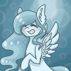 Size: 768x768 | Tagged: safe, artist:positiivity, oc, oc only, pegasus, pony, blushing, bubble, ear fluff, eyelashes, eyes closed, feather, female, flowing mane, ocean, solo, spread wings, swimming, teeth, underwater, water, wings