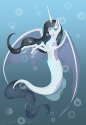 Size: 2038x2942 | Tagged: safe, artist:endilia17, oc, oc only, alicorn, bat pony, hybrid, merpony, pony, seapony (g4), bat wings, black mane, blue eyes, bubble, crepuscular rays, female, fish tail, flowing tail, high res, horn, looking at you, ocean, open mouth, open smile, seaponified, smiling, solo, species swap, sunlight, tail, underwater, water, wings