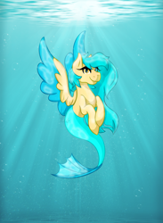 Size: 2097x2859 | Tagged: safe, artist:cyanreef, oc, oc only, merpony, blue mane, bubble, crepuscular rays, eyelashes, feather, fish tail, flowing mane, flowing tail, high res, looking at you, mermaid tail, ocean, signature, smiling, solo, spread wings, sunlight, swimming, tail, underwater, water, wings, yellow eyes