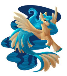 Size: 1280x1445 | Tagged: safe, artist:cyanreef, oc, oc only, merpony, blue mane, brown eyes, dorsal fin, eyelashes, feather, fish tail, flowing mane, flowing tail, looking at you, mermaid tail, ocean, signature, simple background, smiling, solo, spread wings, swimming, tail, underwater, water, wings