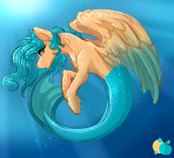 Size: 2533x2301 | Tagged: safe, artist:cyanreef, oc, oc only, merpony, blue eyes, blue mane, dorsal fin, eyelashes, feather, fish tail, flowing mane, flowing tail, high res, looking at you, mermaid tail, ocean, signature, simple background, smiling, solo, spread wings, swimming, tail, underwater, water, wings