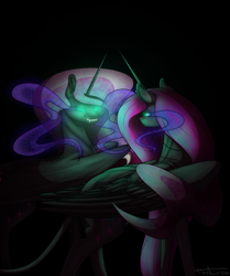 Size: 2237x2681 | Tagged: safe, artist:endilia17, nightmare moon, oc, alicorn, pony, g4, black background, dark, ethereal mane, evil smile, fangs, feather, female, flowing mane, glowing eyes, grin, high res, horn, looking at each other, pink mane, simple background, smiling, sparkles, starry mane, teeth, wings