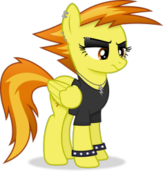 Size: 4070x4305 | Tagged: safe, artist:anime-equestria, spitfire, pegasus, pony, g4, alternate hairstyle, annoyed, clothes, ear piercing, eyebrow piercing, eyeshadow, female, jewelry, makeup, mare, necklace, piercing, punk, show accurate, simple background, solo, spiked wristband, transparent background, vector, wings, wristband