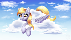 Size: 3840x2160 | Tagged: safe, artist:confetticakez, derpy hooves, pegasus, pony, g4, cloud, cute, derpabetes, ear fluff, female, high res, mare, silly, silly pony, sky, solo, stuck, stuck in a cloud