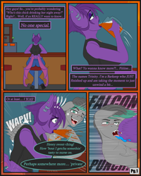 Size: 1200x1500 | Tagged: safe, artist:swiftriff, oc, oc:trinity, bat pony, anthro, comic:off the clock, alcohol, beer, big breasts, breasts, comic, dialogue, falcon punch, female, jewelry, male, stallion