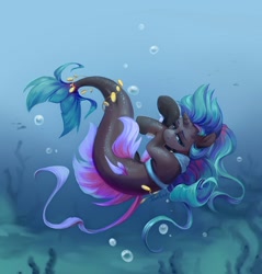 Size: 1032x1080 | Tagged: safe, artist:jewellier, oc, oc only, oc:angerona, pony, seapony (g4), unicorn, fins, gold, jewelry, looking at you, oda 997, solo, swimming, underwater
