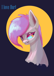 Size: 2480x3508 | Tagged: safe, artist:i love hurt, oc, oc only, earth pony, pony, angry, bust, grey skin, high res, nose wrinkle, pink hair, portrait, solo, sternocleidomastoid, violet hair, yellow eyes