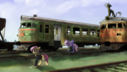 Size: 1852x1041 | Tagged: safe, artist:subway777, oc, oc only, earth pony, pegasus, pony, train, trio