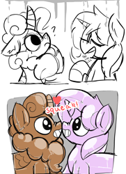 Size: 2318x3195 | Tagged: safe, artist:wallswallswalls, oc, oc only, oc:stillwater, inflatable pony, kirin, original species, pony, pooltoy pony, unicorn, boop, decal, duo, ear fluff, floating heart, floppy ears, grin, heart, high res, inanimate tf, inflatable, latex, male, no catchlights, no pupils, noseboop, onomatopoeia, partial color, pool toy, question mark, raised hoof, rubber, scrunchy face, simple background, sketch, smiling, stallion, talking, transformation, white background