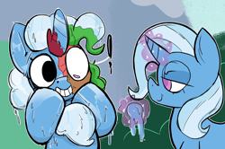 Size: 2752x1822 | Tagged: safe, artist:wallswallswalls, trixie, oc, oc:stillwater, inflatable pony, kirin, latex pony, original species, pony, pooltoy pony, unicorn, g4, colored pupils, decal, duo, exclamation point, female, fetish, grin, high res, inanimate tf, inflatable, latex, lidded eyes, liquid latex, magic, male, mare, no catchlights, paint tf, pool toy, raised hooves, shocked, smiling, smug, stallion, telekinesis, transformation