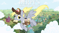 Size: 2063x1161 | Tagged: safe, artist:not-yet-a-brony, derpy hooves, pegasus, pony, g4, flying, hayao miyazaki, kiki's delivery service, lyrics in the description, mailmare, movie reference, ponyville, studio ghibli, youtube link in the description
