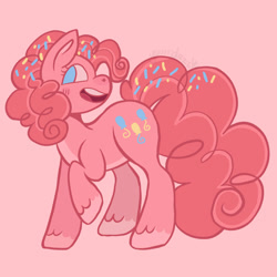 Size: 1280x1280 | Tagged: safe, artist:yourrdazzle, pinkie pie, earth pony, pony, g4, pink background, redesign, simple background, solo