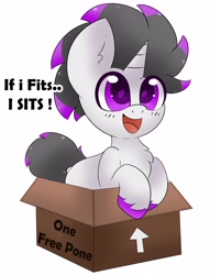 Size: 2912x3821 | Tagged: safe, alternate character, alternate version, artist:pegamutt, oc, oc only, oc:haze rad, pony, unicorn, box, chest fluff, commission, commissioner:biohazard, cute, dialogue, high res, highlights, horn, if i fits i sits, male, ocbetes, open mouth, open smile, pony in a box, simple background, smiling, smol, solo, stallion, unicorn oc, white background, ych result