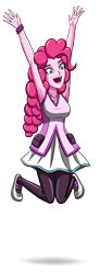 Size: 1296x3510 | Tagged: safe, artist:artemis-polara, pinkie pie, equestria girls, g4, breasts, clothes, jumping, open mouth, simple background, skirt, smiling, solo, transparent background