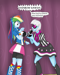 Size: 2402x2979 | Tagged: safe, artist:lennondash, rainbow dash, equestria girls, g4, boots, breasts, camera, clothes, female, glasses, high res, open mouth, persistent, personal space invasion, shirt, shoes, skirt, socks, teenager, wristband