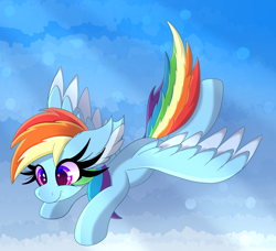 Size: 4208x3832 | Tagged: safe, artist:windykirin, rainbow dash, pegasus, pony, g4, absurd resolution, cloud, female, flying, long eyelashes, mare, solo, wings