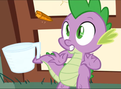 Size: 959x707 | Tagged: safe, screencap, spike, dragon, g4, just for sidekicks, belly, cropped, gem, male, measuring cup, shocked, solo