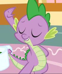 Size: 592x705 | Tagged: safe, screencap, spike, dragon, g4, just for sidekicks, cropped, eyes closed, measuring cup, pose, smiling, solo