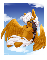 Size: 1572x2022 | Tagged: safe, artist:fraxus, artist:ilovefraxus, oc, oc:breezy brown, pegasus, pony, bedroom eyes, black shirt, brown fur, clothes, flying, hawaiian shirt, looking at you, male, open clothes, open shirt, pegasus oc, shading, shirt, sky, spread wings, stallion, sunglasses, watermark, white hair, white mane, wings
