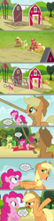 Size: 1136x4631 | Tagged: safe, artist:silverbuller, edit, edited screencap, screencap, apple fritter, applejack, big macintosh, meadow song, pinkie pie, earth pony, pony, g4, too many pinkie pies, angry, apple family member, applejack's hat, comic, cowboy hat, epic fail, fail, hat, male, meta, open mouth, screencap comic, speech bubble
