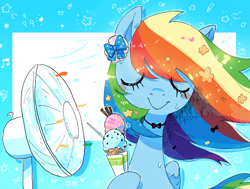 Size: 3176x2400 | Tagged: safe, artist:fuyugi, rainbow dash, pegasus, pony, g4, abstract background, blue eyes, cute, dashabetes, eyes closed, fan, food, high res, ice cream, jewelry, necklace, paper, ribbon, solo, sweat