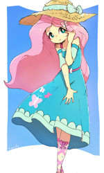 Size: 2120x3532 | Tagged: dead source, safe, artist:fuyugi, fluttershy, human, equestria girls, g4, blushing, butterfly hairpin, clothes, cute, daaaaaaaaaaaw, dress, female, fluttershy boho dress, hat, high res, looking at you, shy, shyabetes, skirt, smiling, smiling at you, solo, sun hat, sweat, sweatdrops, white pupils, wind, wind blowing