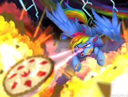 Size: 2930x2212 | Tagged: safe, artist:sketchiix3, rainbow dash, pegasus, pony, g4, secrets and pies, destruction, evil pie hater dash, explosion, eye beams, fangs, female, food, high res, lightning, mare, open mouth, pie, rainbow trail, solo