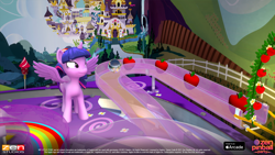 Size: 1920x1080 | Tagged: safe, twilight sparkle, alicorn, pony, g4, official, 3d, apple, apple tree, canterlot, cloud, female, flower, food, mare, my little pony logo, pinball, rainbow, solo, text, tree, twilight sparkle (alicorn), video game, watermark, zen pinball party