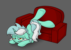 Size: 3580x2507 | Tagged: safe, artist:background basset, lyra heartstrings, pony, unicorn, g4, couch, frustrated, gray background, high res, lying down, sad, simple background, solo