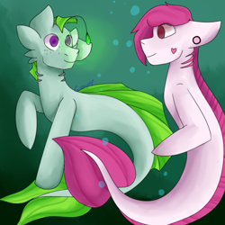 Size: 627x627 | Tagged: safe, artist:corporalfishy, oc, oc only, merpony, seapony (g4), bubble, crepuscular rays, dorsal fin, fish tail, gills, glowing, looking at each other, ocean, purple eyes, smiling, solo, swimming, tail, underwater, water