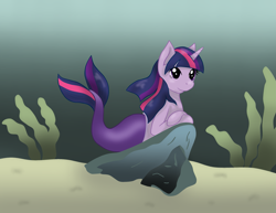 Size: 2785x2154 | Tagged: safe, artist:dalekwithakeyblade, twilight sparkle, merpony, pony, unicorn, g4, art trade, crepuscular rays, female, fish tail, flowing mane, flowing tail, high res, horn, lying down, mermaid tail, ocean, purple eyes, rock, sand, seaponified, seapony twilight, seaweed, solo, species swap, tail, underwater, water