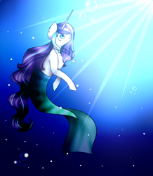 Size: 1366x1568 | Tagged: safe, artist:sweet-evergreen, oc, oc only, merpony, pony, unicorn, blue eyes, bubble, chest fluff, crepuscular rays, female, fish tail, flowing tail, horn, jewelry, looking up, mermaid tail, necklace, ocean, purple mane, seaponified, smiling, solo, species swap, sunlight, swimming, tail, underwater, water