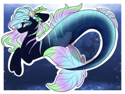 Size: 600x450 | Tagged: safe, artist:lexiadawn, edit, oc, oc only, merpony, adoptable, blue background, bubble, deviantart watermark, dorsal fin, female, fish tail, flowing mane, flowing tail, logo, logo edit, obtrusive watermark, ocean, seashell, simple background, smiling, solo, tail, underwater, water, watermark